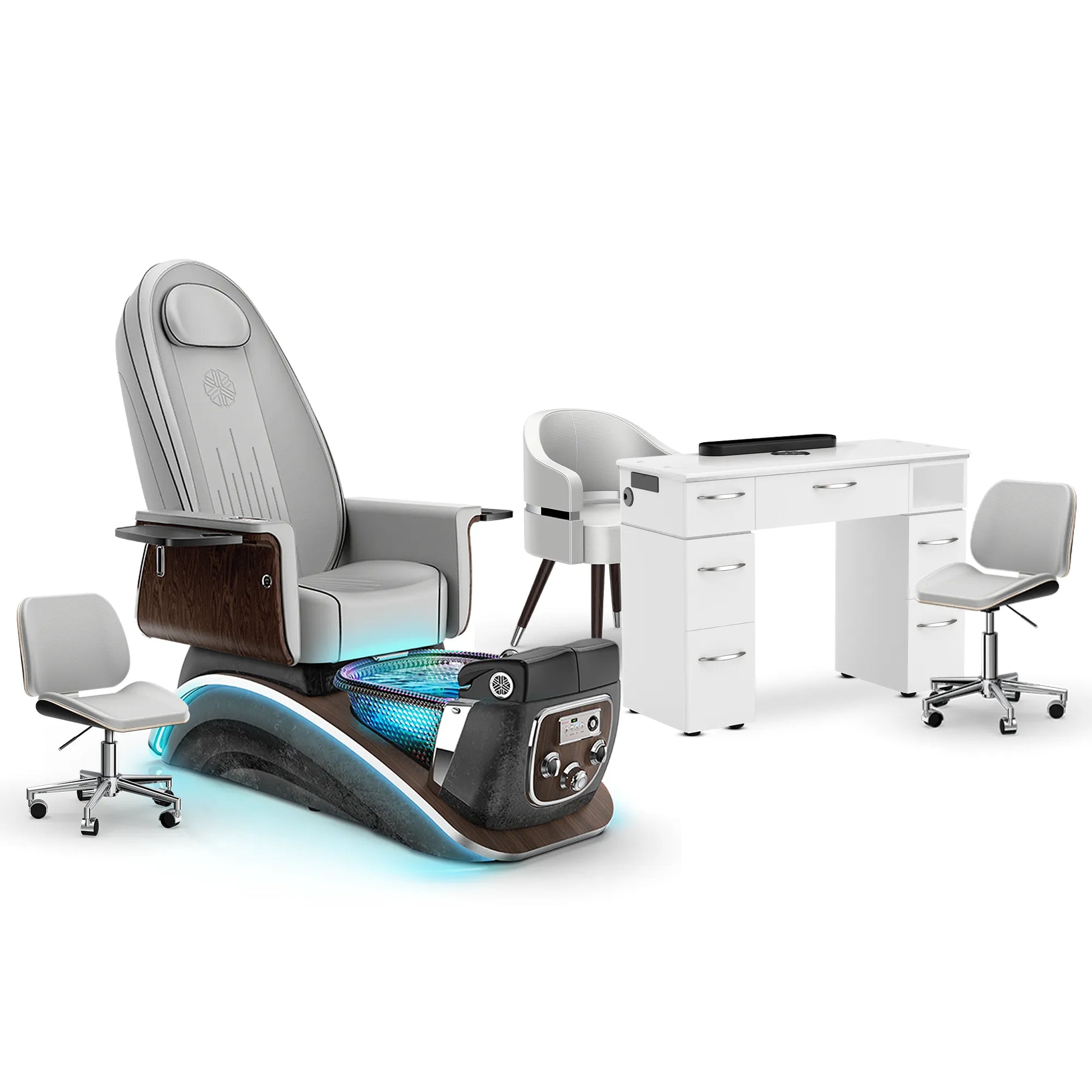 Platinum-pr-Black Moonstone-White Lexor Mystique Pedicure Chair and Matching Nail Table Set