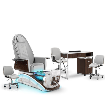 Platinum-pr-White Moonstone-Dark Walnut Lexor Mystique Pedicure Chair and Matching Nail Table Set