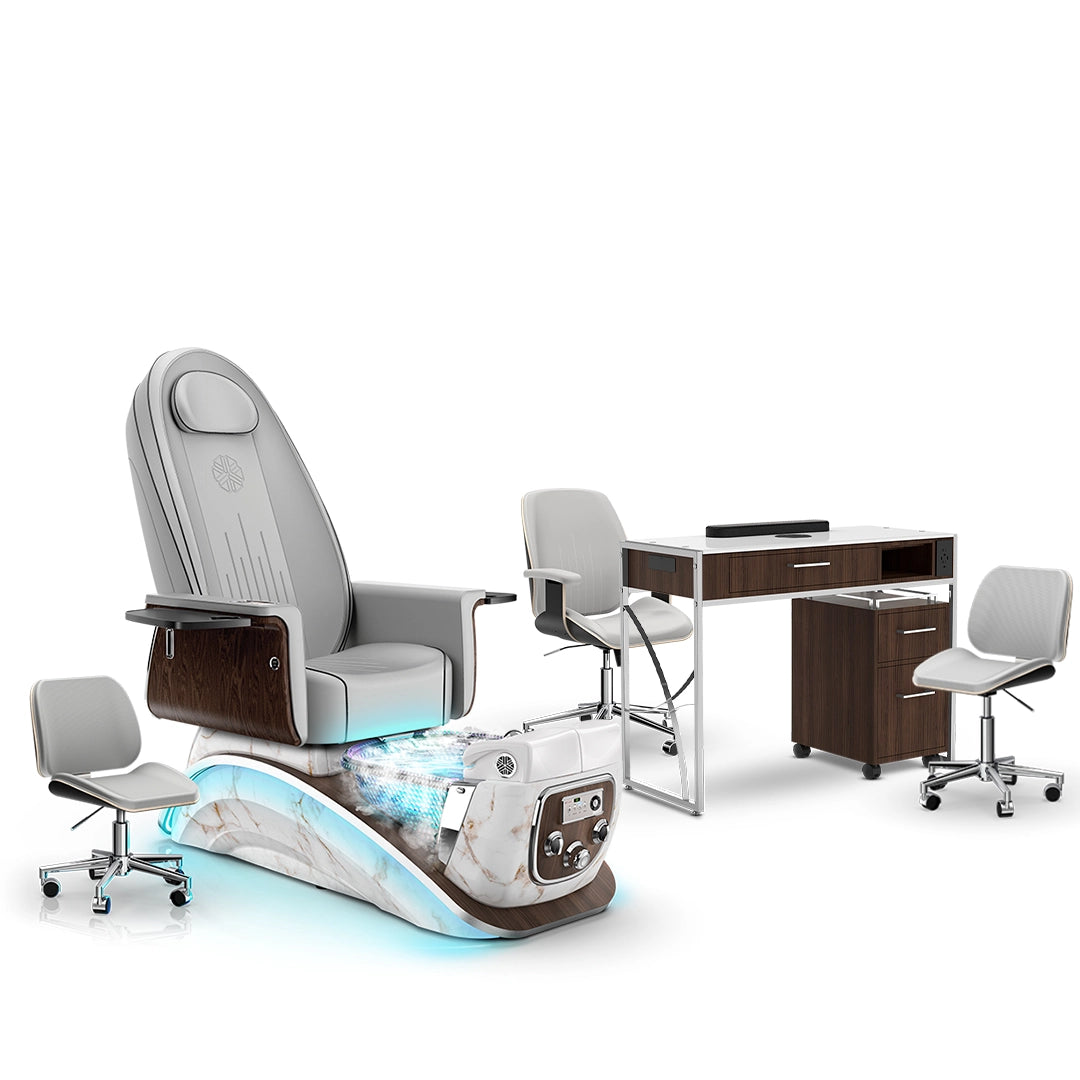 Platinum-pr-White Moonstone-Dark Walnut Lexor Mystique Pedicure Chair with Thera-Mist and Matching Nail Table Set