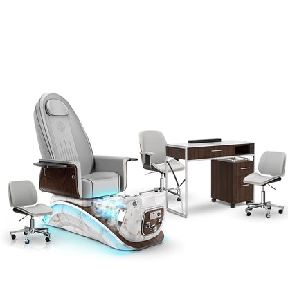 Platinum-pr-White Moonstone-Dark Walnut Lexor Mystique Pedicure Chair with Thera-Mist and Matching Nail Table Set