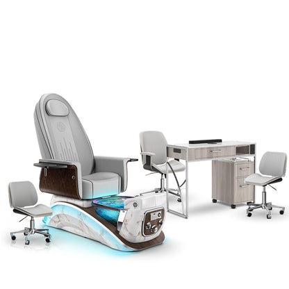 Platinum-pr-White Moonstone-Hazel Lexor Mystique Pedicure Chair and Matching Nail Table Set
