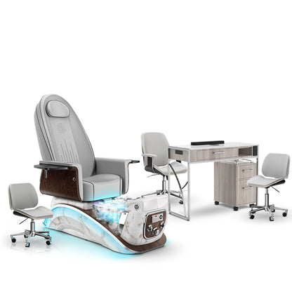 Platinum-pr-White Moonstone-Hazel Lexor Mystique Pedicure Chair with Thera-Mist and Matching Nail Table Set