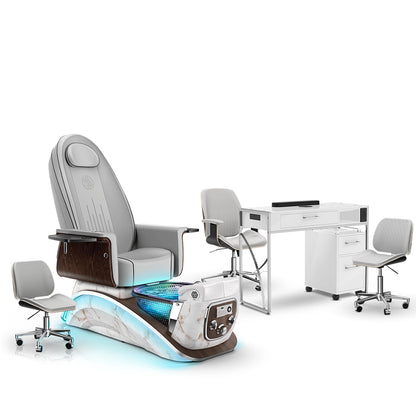 Platinum-pr-White Moonstone-White Lexor Mystique Pedicure Chair and Matching Nail Table Set