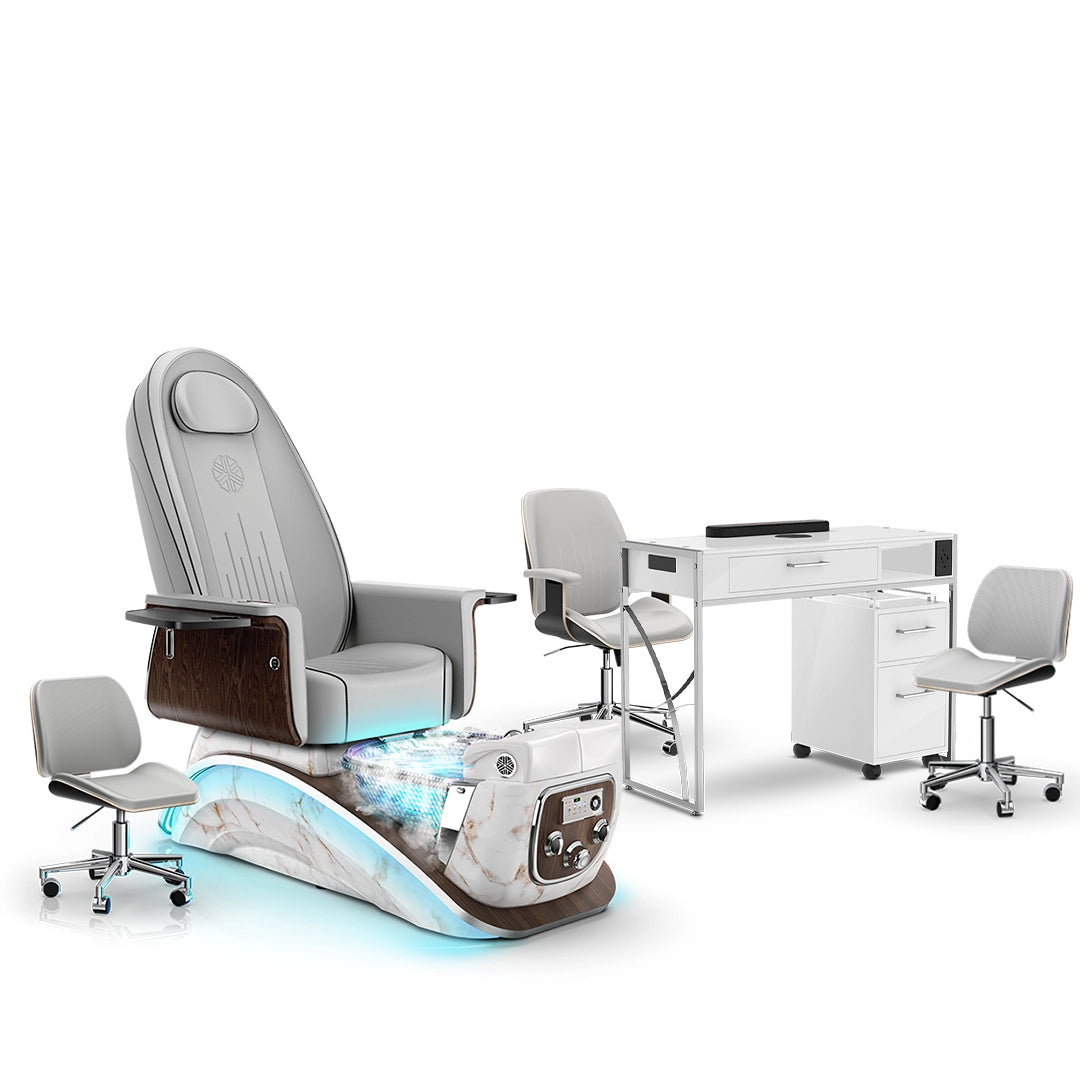 Platinum-pr-White Moonstone-White Lexor Mystique Pedicure Chair with Thera-Mist and Matching Nail Table Set