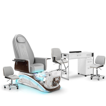 Platinum-pr-White Moonstone-White Lexor Mystique Pedicure Chair with Thera-Mist and Matching Nail Table Set