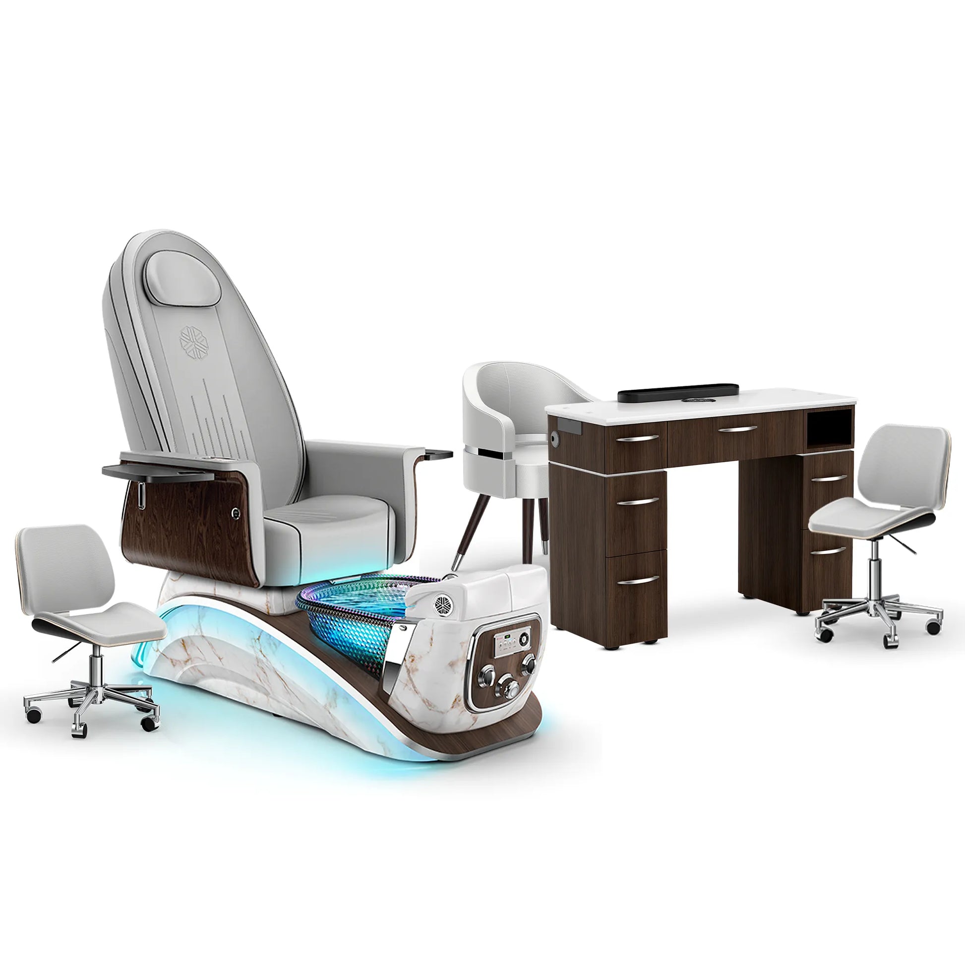 Platinum-pr-White Moonstone-Dark Walnut Lexor Mystique Pedicure Chair and Matching Nail Table Set