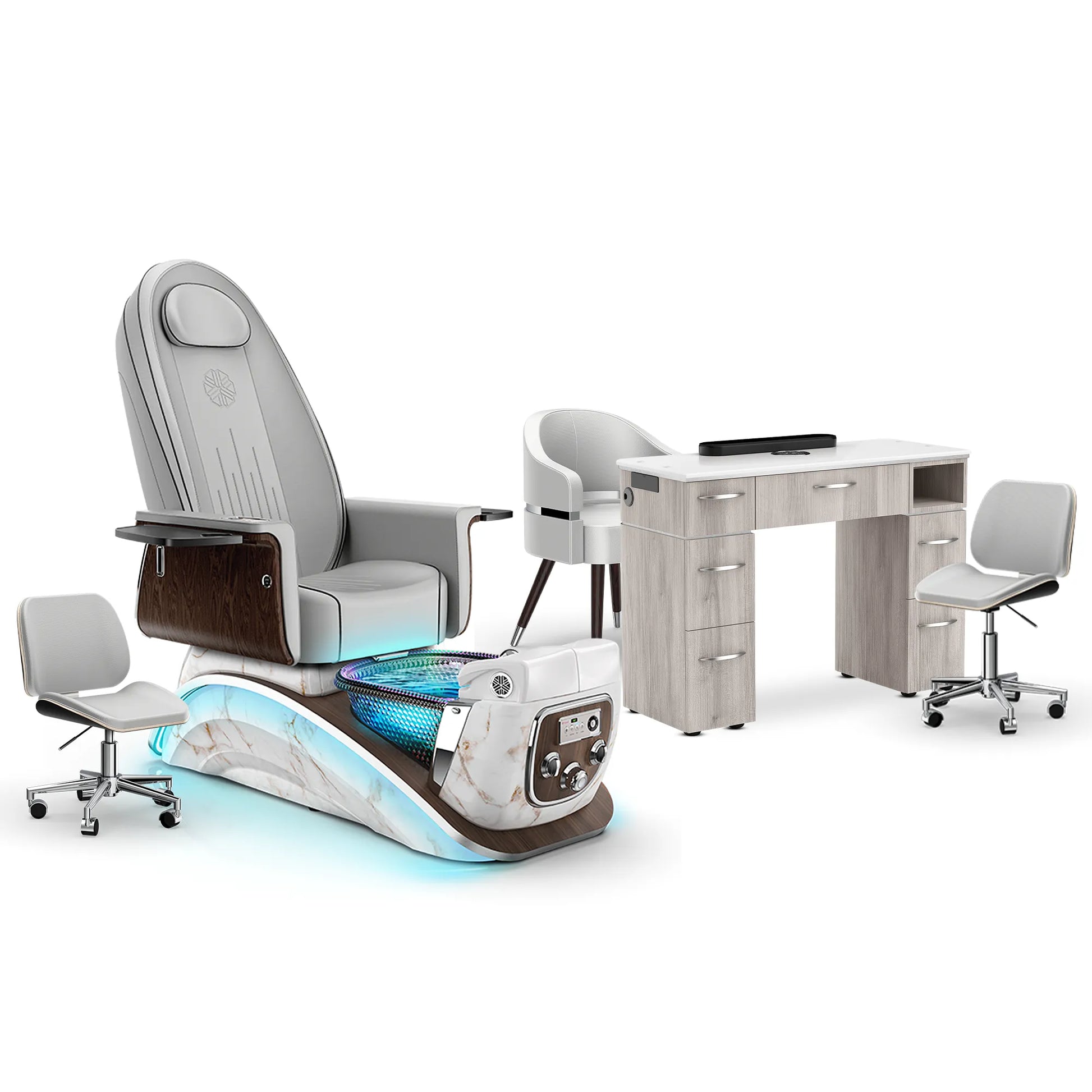 Platinum-pr-White Moonstone-Hazel Lexor Mystique Pedicure Chair and Matching Nail Table Set