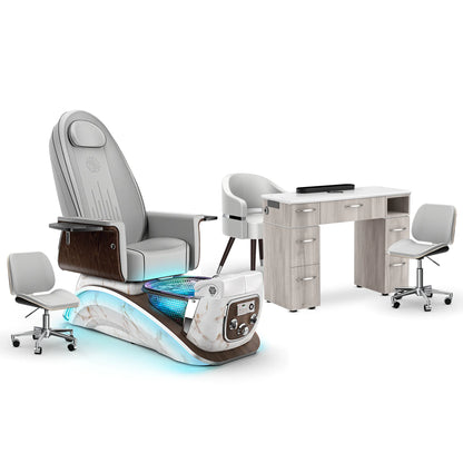Platinum-pr-White Moonstone-Hazel Lexor Mystique Pedicure Chair and Matching Nail Table Set