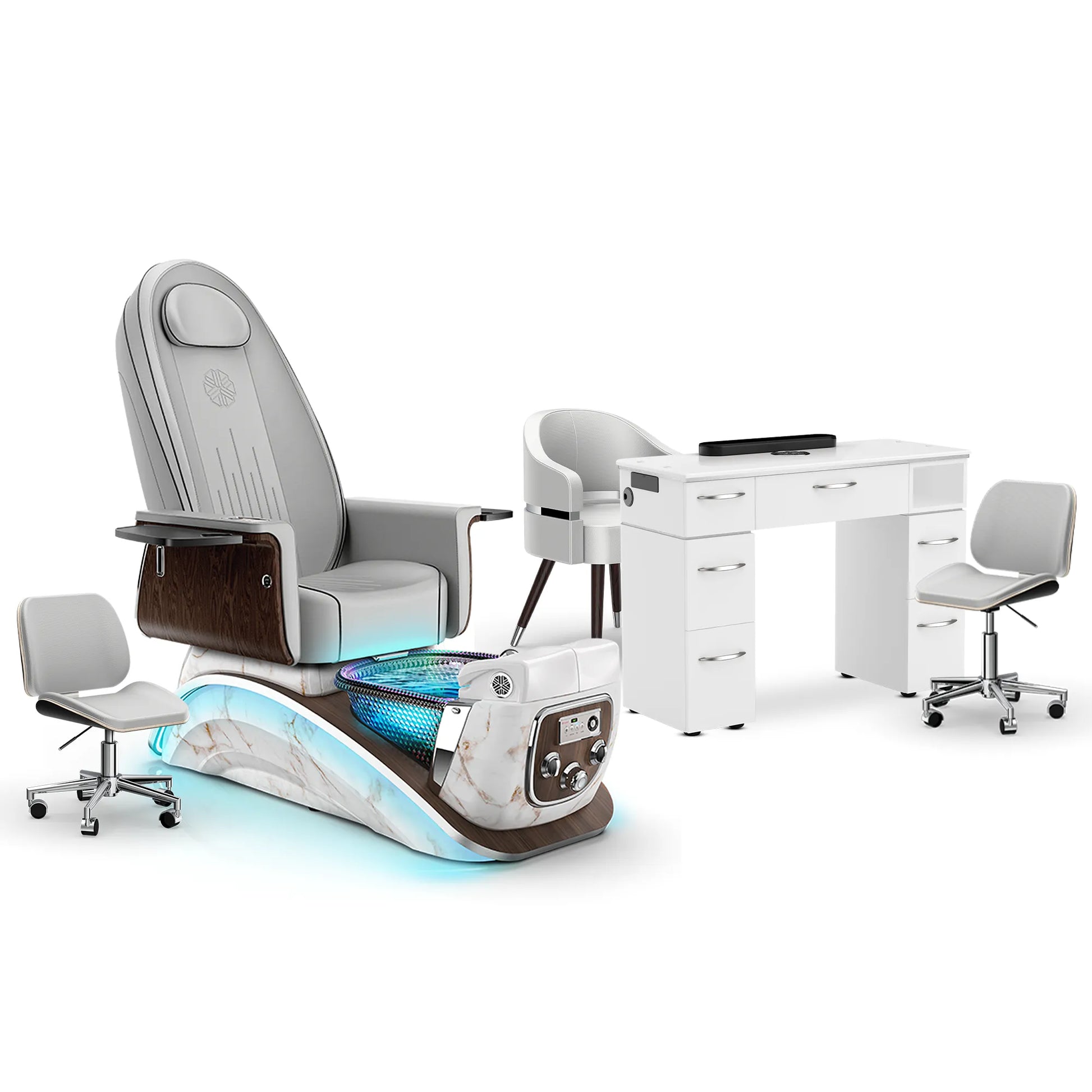 Platinum-pr-White Moonstone-White Lexor Mystique Pedicure Chair and Matching Nail Table Set