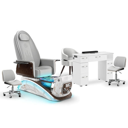 Platinum-pr-White Moonstone-White Lexor Mystique Pedicure Chair and Matching Nail Table Set
