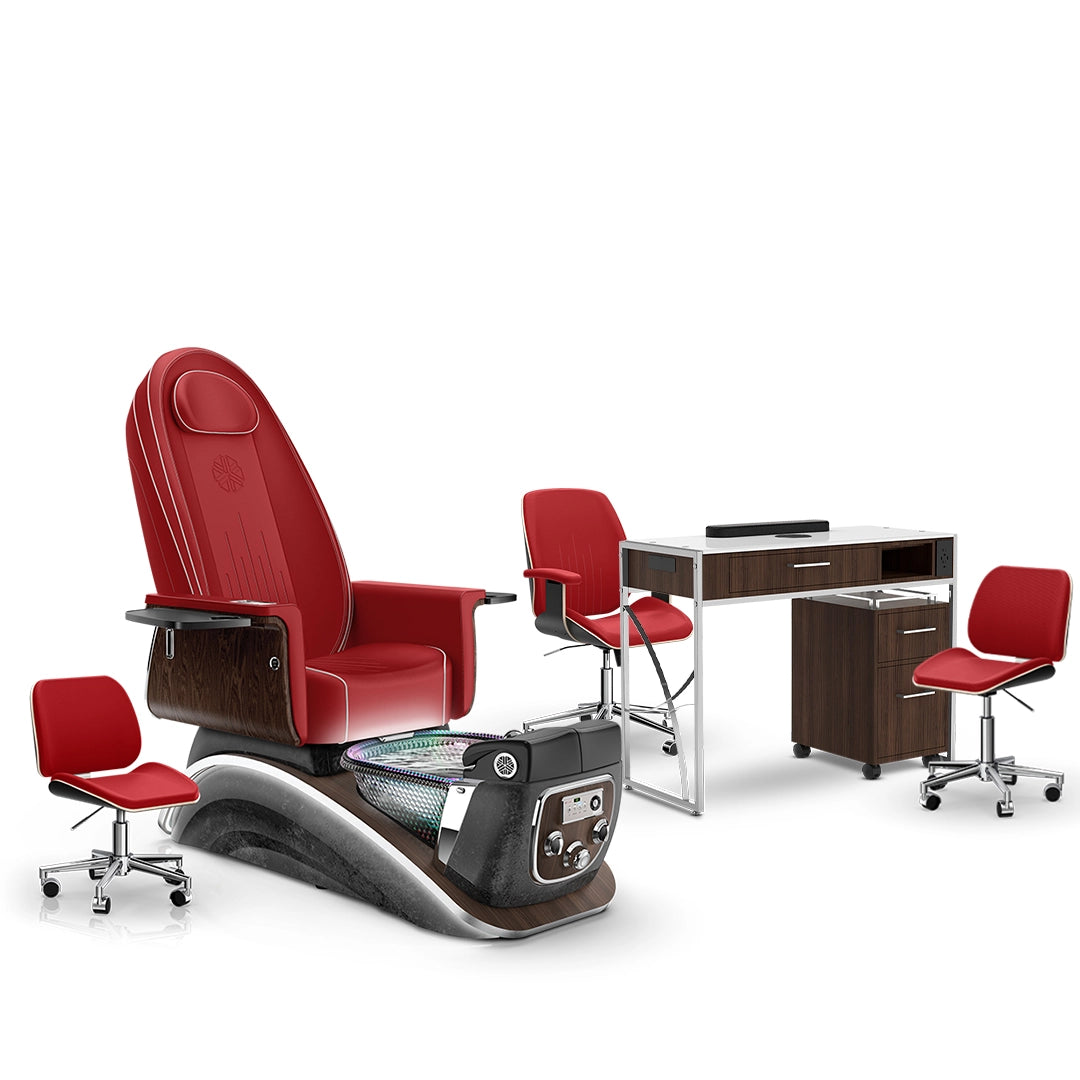 Scarlet-Black Moonstone-Dark Walnut Lexor Mystique Pedicure Chair and Matching Nail Table Set