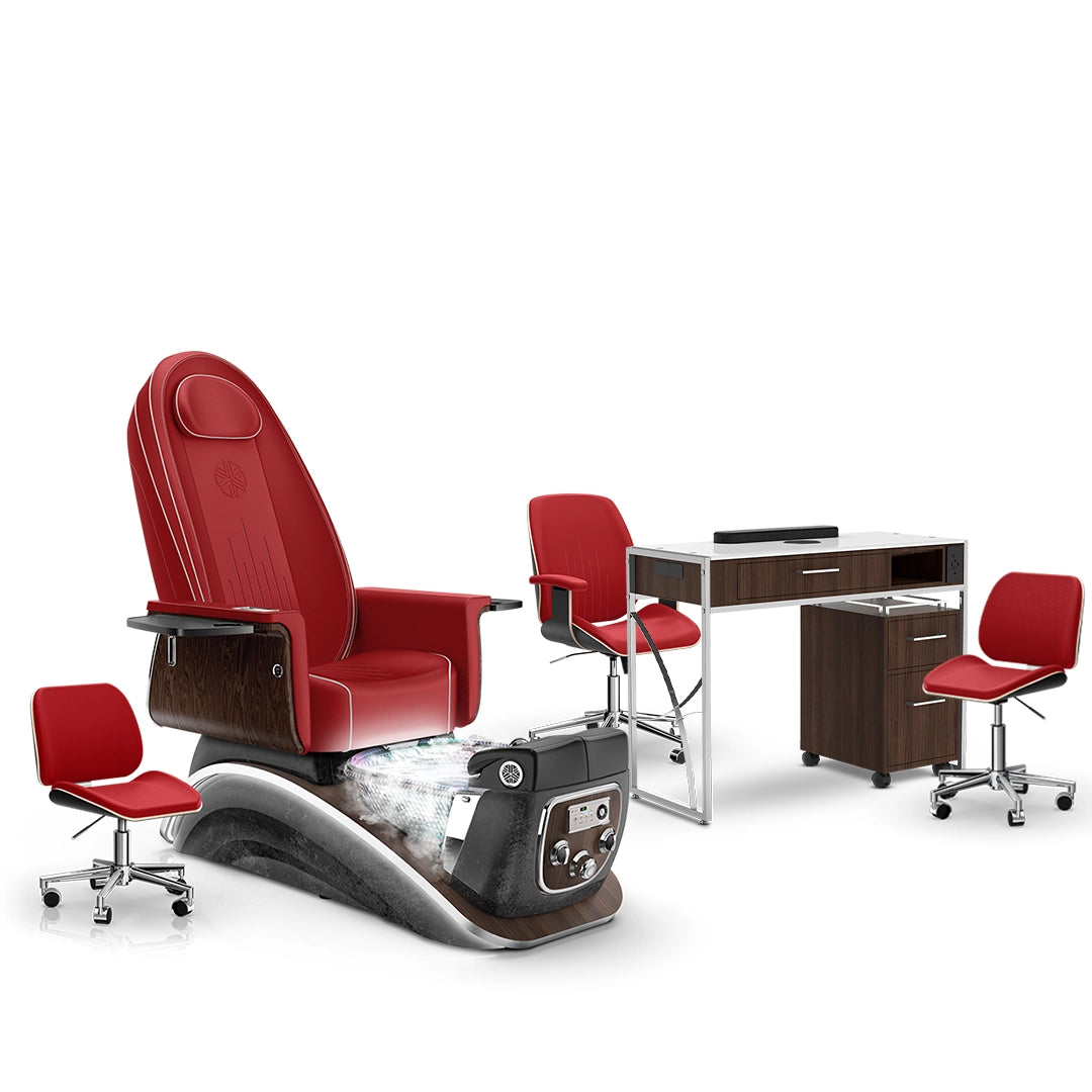 Scarlet-Black Moonstone-Dark Walnut Lexor Mystique Pedicure Chair with Thera-Mist and Matching Nail Table Set
