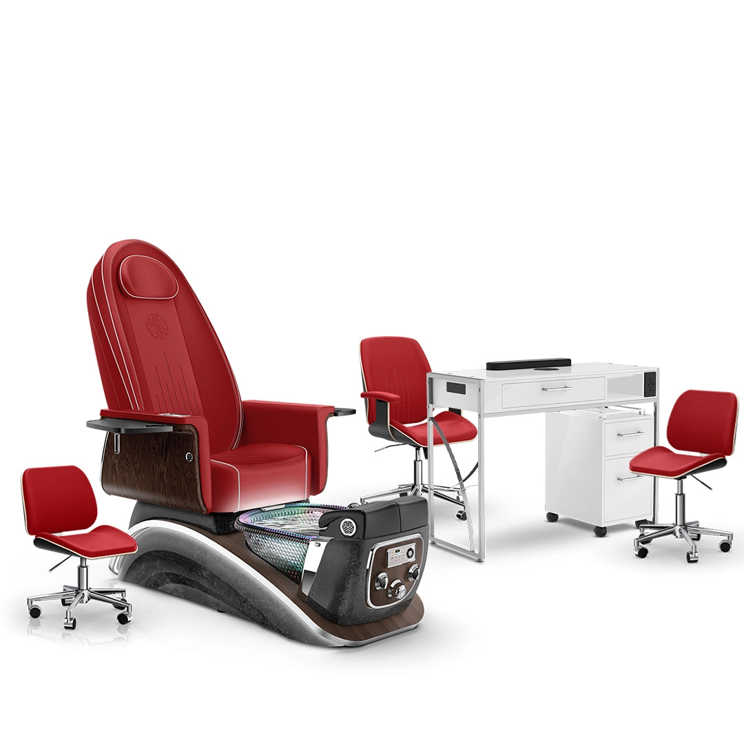 Scarlet-Black Moonstone-White Lexor Mystique Pedicure Chair and Matching Nail Table Set