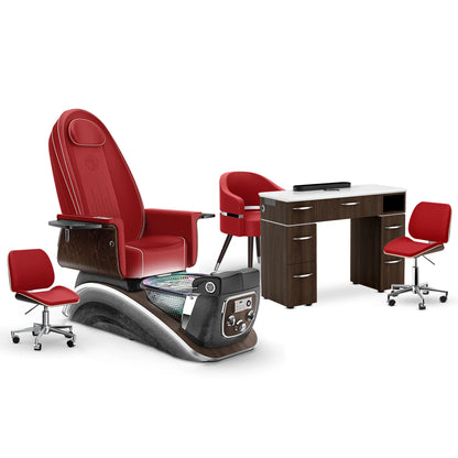 Scarlet-Black Moonstone-Dark Walnut Lexor Mystique Pedicure Chair and Matching Nail Table Set