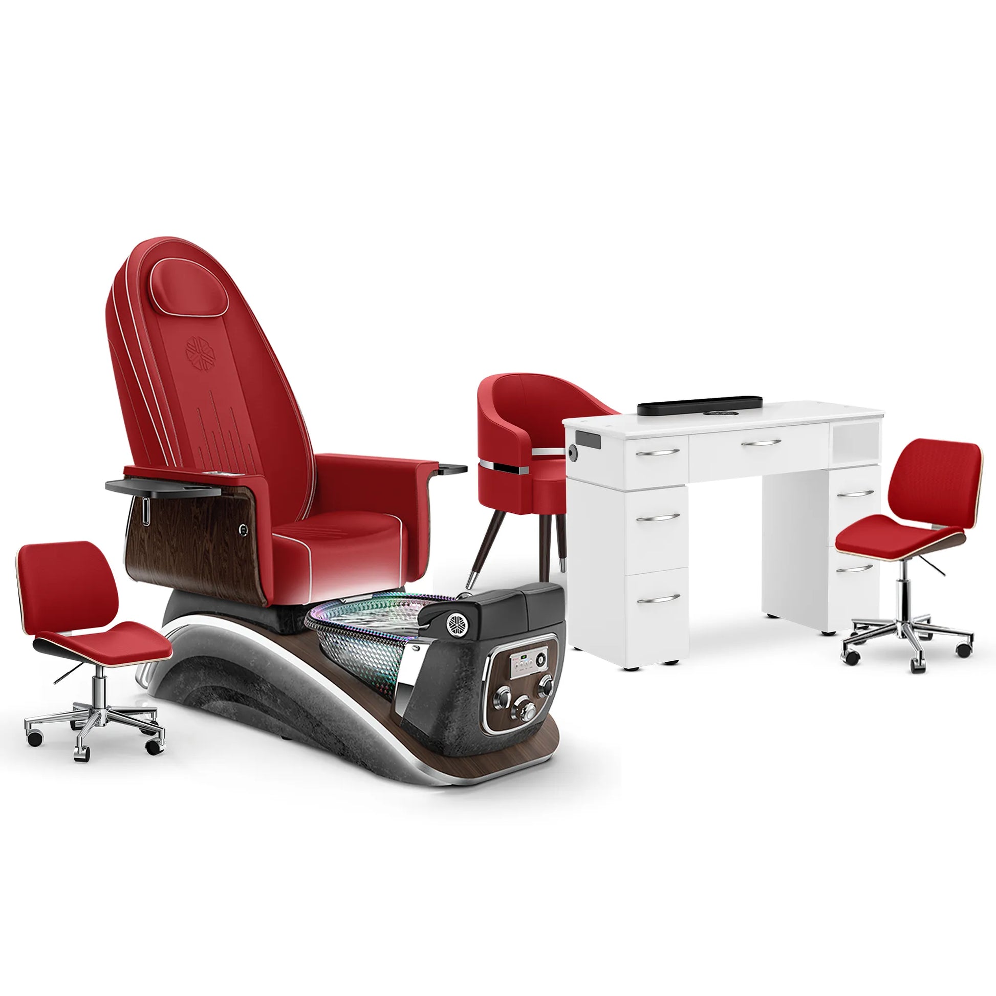 Scarlet-Black Moonstone-White Lexor Mystique Pedicure Chair and Matching Nail Table Set