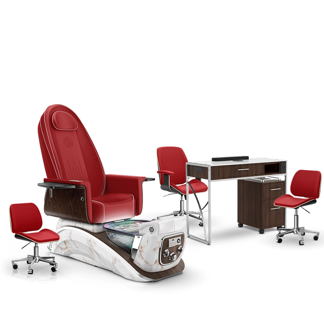 Scarlet-White Moonstone-Dark Walnut Lexor Mystique Pedicure Chair and Matching Nail Table Set