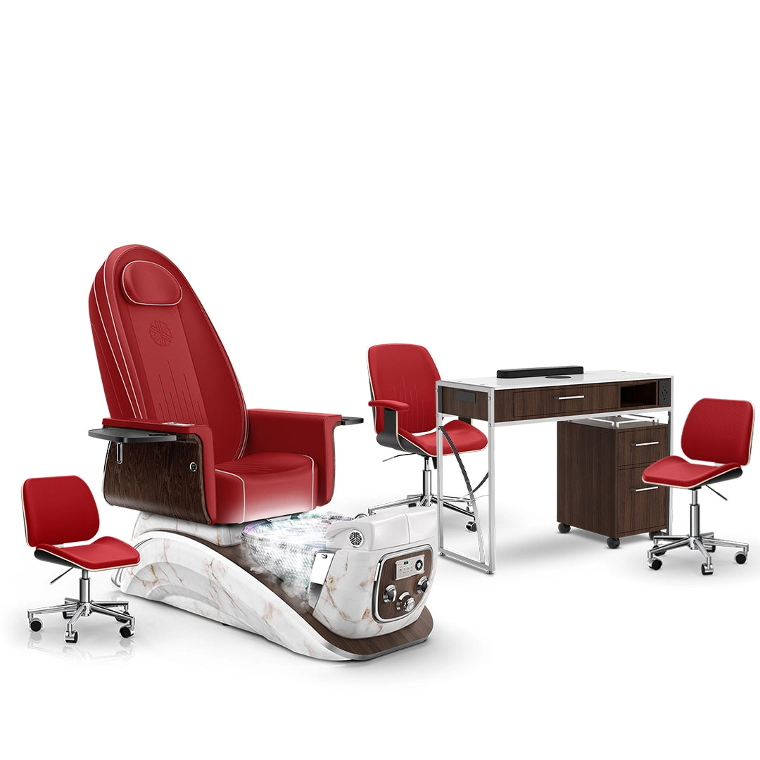 Scarlet-White Moonstone-Dark Walnut Lexor Mystique Pedicure Chair with Thera-Mist and Matching Nail Table Set