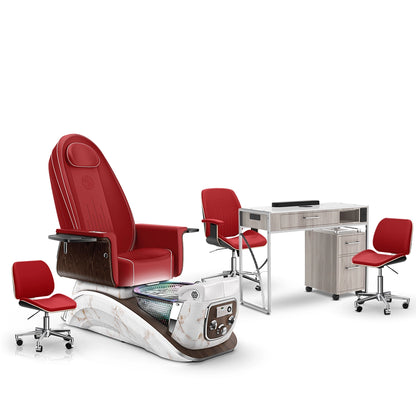 Scarlet-White Moonstone-Hazel Lexor Mystique Pedicure Chair and Matching Nail Table Set