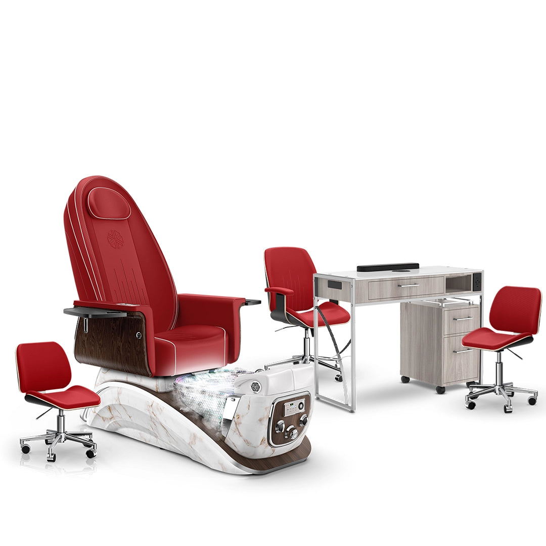 Scarlet-White Moonstone-Hazel Lexor Mystique Pedicure Chair with Thera-Mist and Matching Nail Table Set