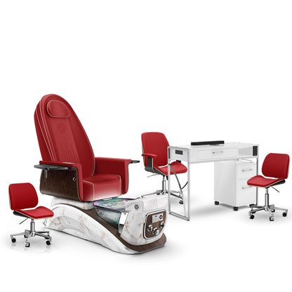 Scarlet-White Moonstone-White Lexor Mystique Pedicure Chair and Matching Nail Table Set