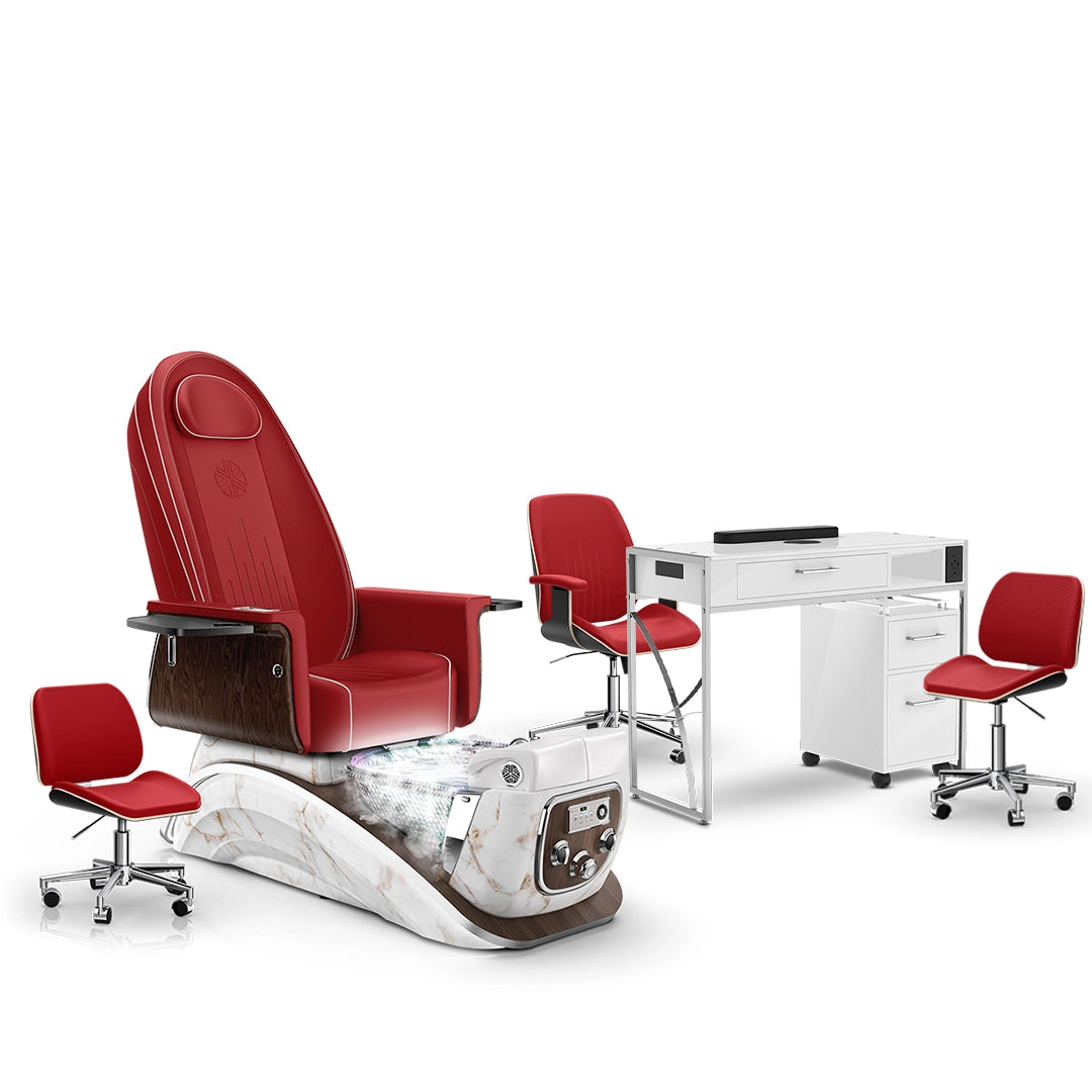 Scarlet-White Moonstone-White Lexor Mystique Pedicure Chair with Thera-Mist and Matching Nail Table Set