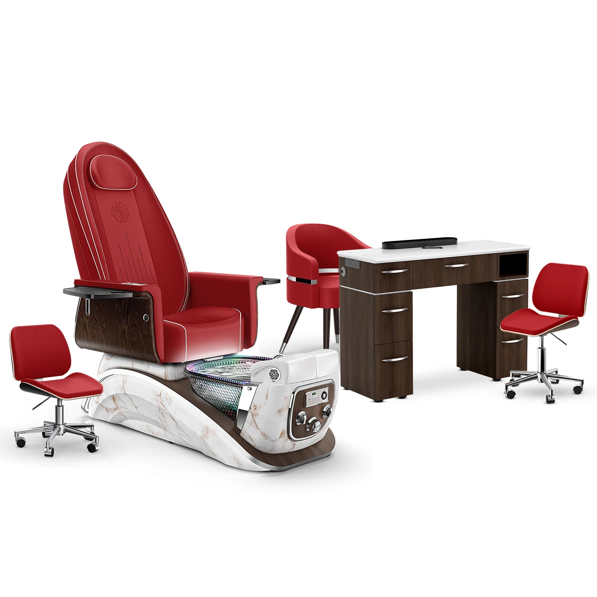 Scarlet-White Moonstone-Dark Walnut Lexor Mystique Pedicure Chair and Matching Nail Table Set