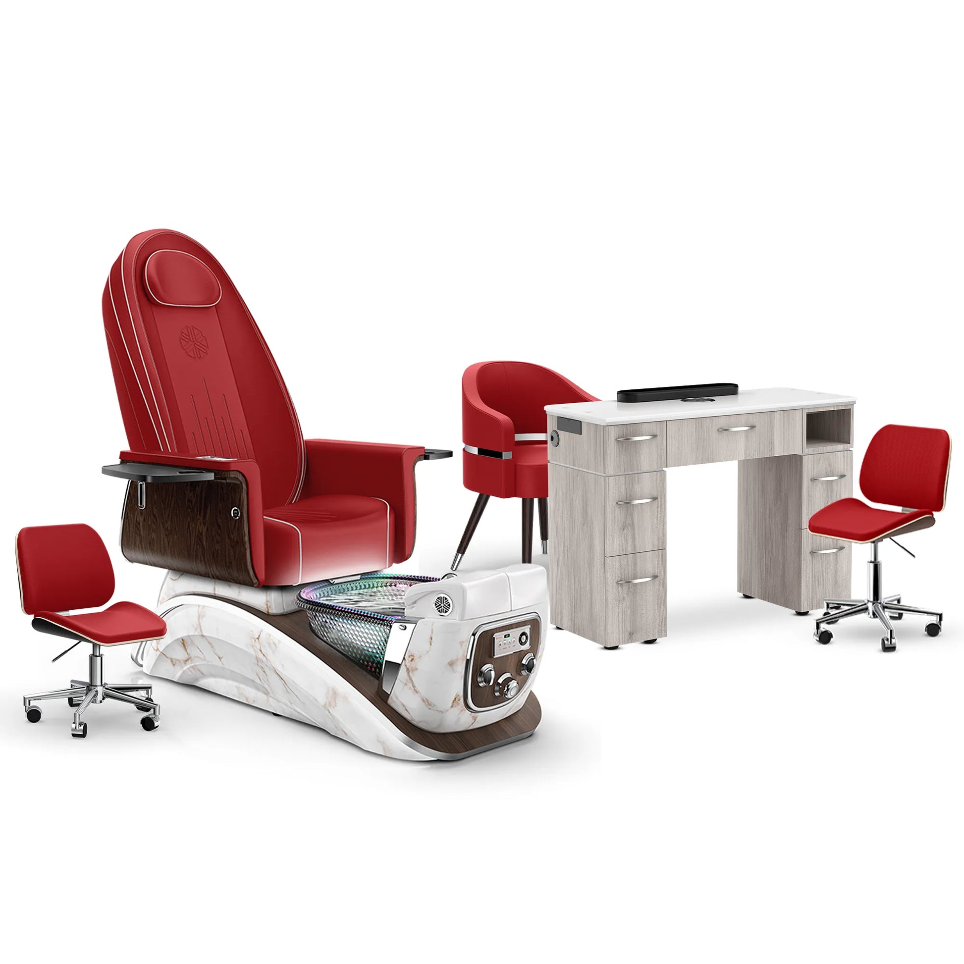 Scarlet-White Moonstone-Hazel Lexor Mystique Pedicure Chair and Matching Nail Table Set