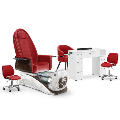Scarlet-White Moonstone-White Lexor Mystique Pedicure Chair and Matching Nail Table Set