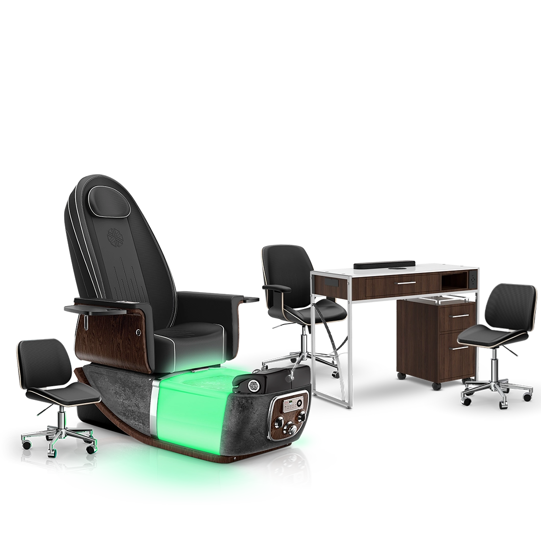 Noir-pr-Black Moonstone-Dark Walnut Lexor PRIVÉ ONE Pedicure Chair and Matching PRIVÉ Nail Table Set