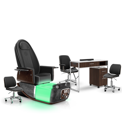 Noir-pr-Black Moonstone-Dark Walnut Lexor PRIVÉ ONE Pedicure Chair and Matching PRIVÉ Nail Table Set