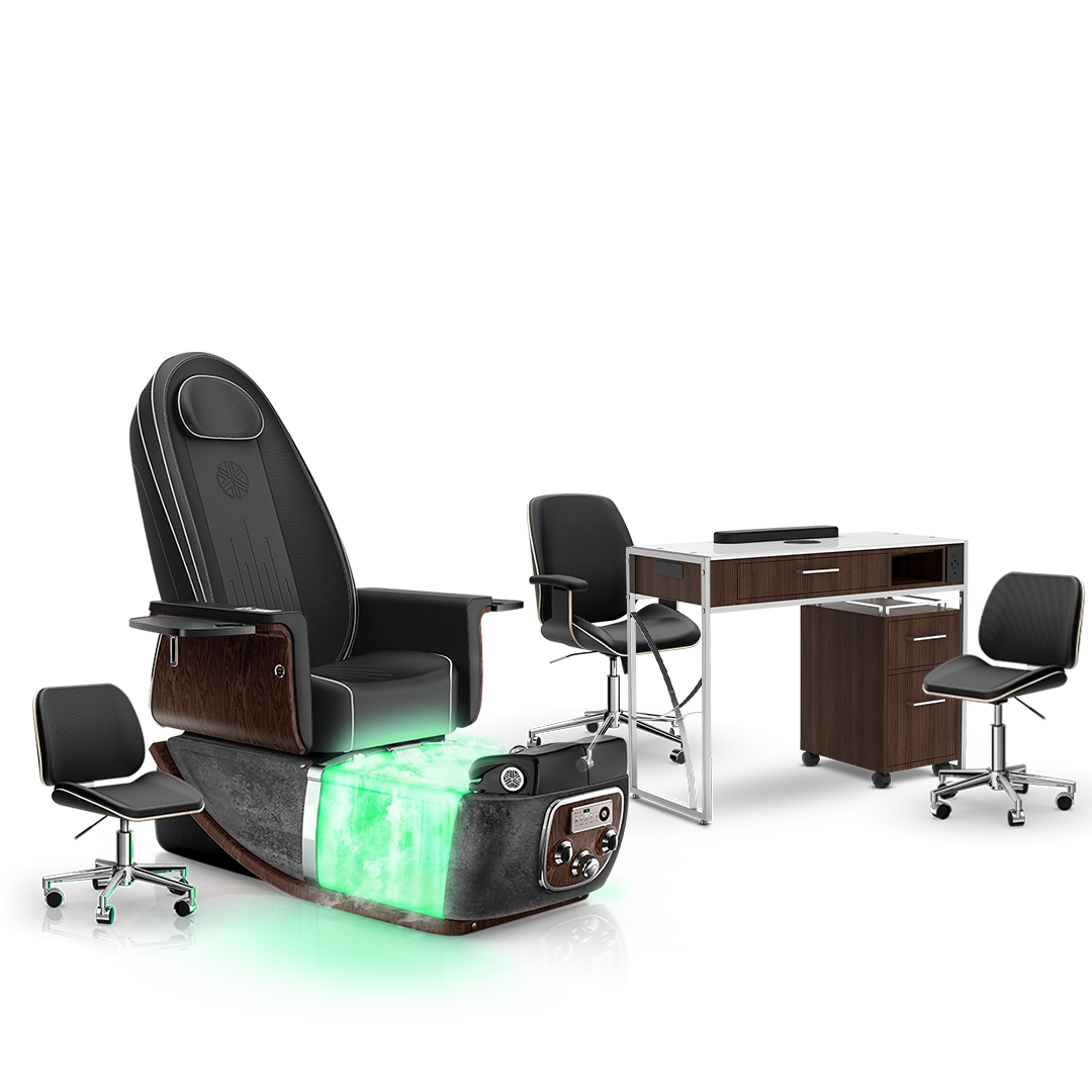Noir-pr-Black Moonstone-Dark Walnut Lexor PRIVÉ ONE Pedicure Chair with Thera-Mist and Matching PRIVÉ Nail Table Set