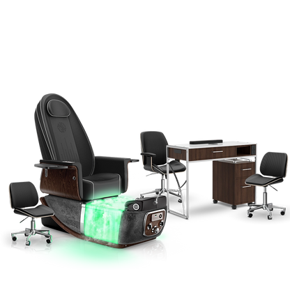 Noir-pr-Black Moonstone-Dark Walnut Lexor PRIVÉ ONE Pedicure Chair with Thera-Mist and Matching PRIVÉ Nail Table Set