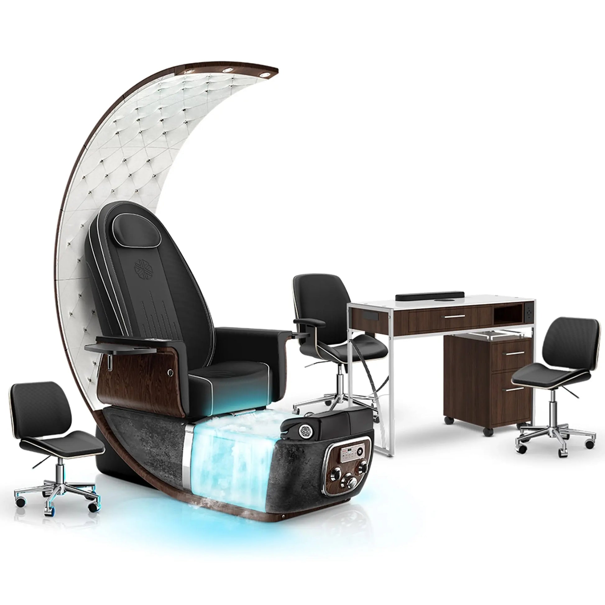 Noir-pr-Black Moonstone-Dark Walnut Lexor PRIVÉ Lounge Pedicure Chair  with Thera-Mist and Matching PRIVÉ Nail Table Set