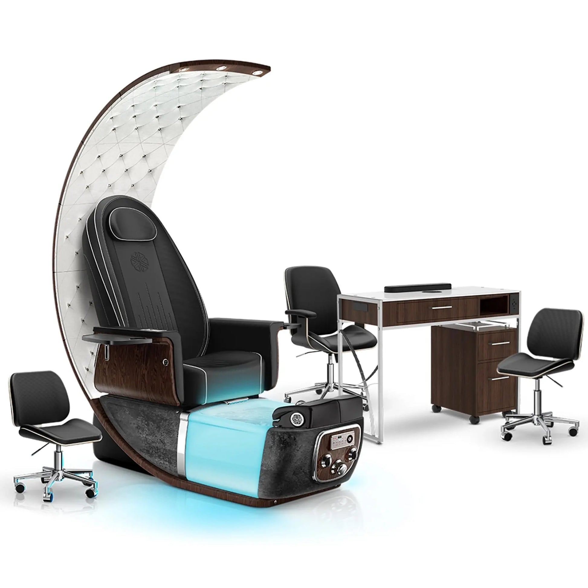 Noir-pr-Black Moonstone-Dark Walnut Lexor PRIVÉ Lounge Pedicure Chair and Matching PRIVÉ Nail Table Set