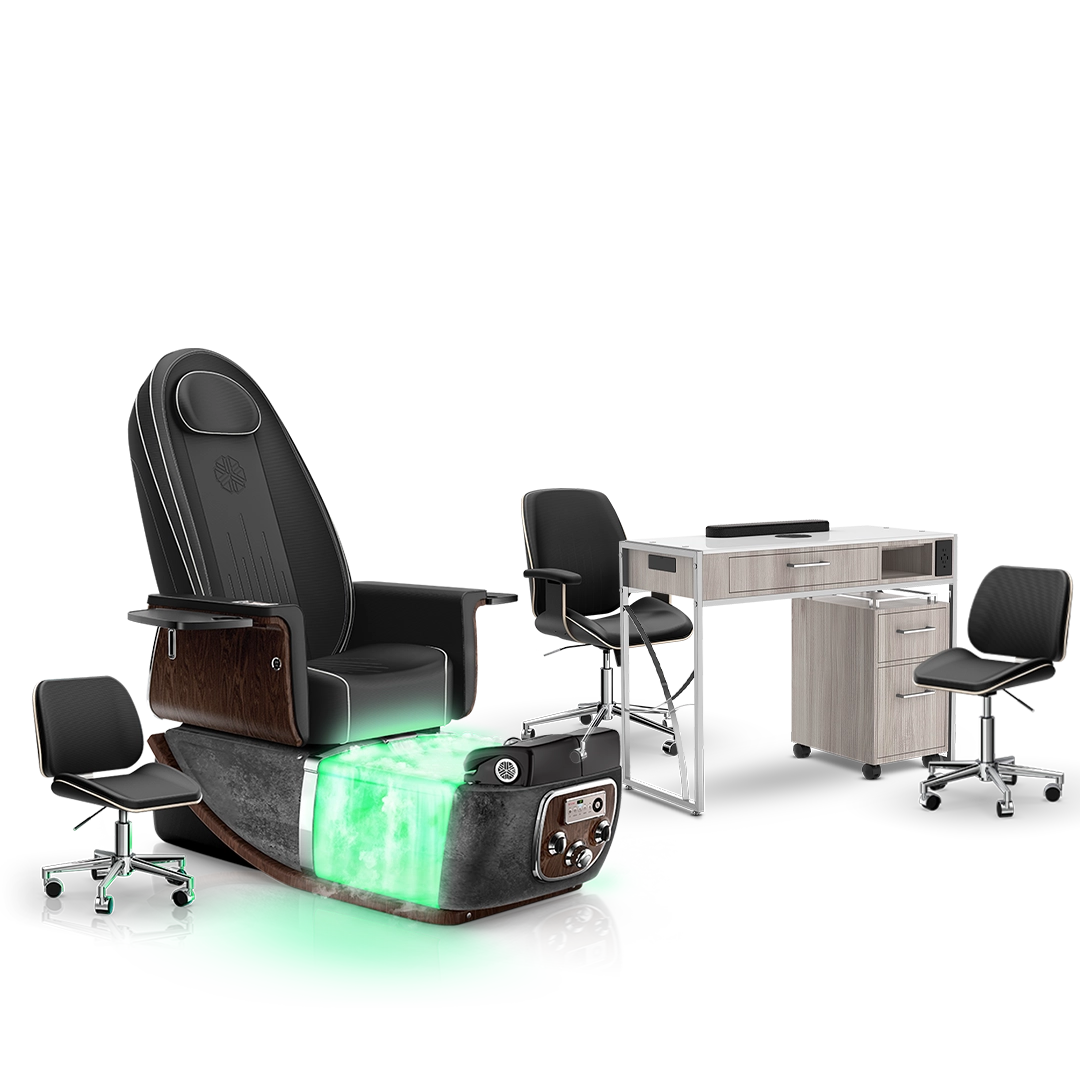 Noir-pr-Black Moonstone-Hazel Lexor PRIVÉ ONE Pedicure Chair with Thera-Mist and Matching PRIVÉ Nail Table Set