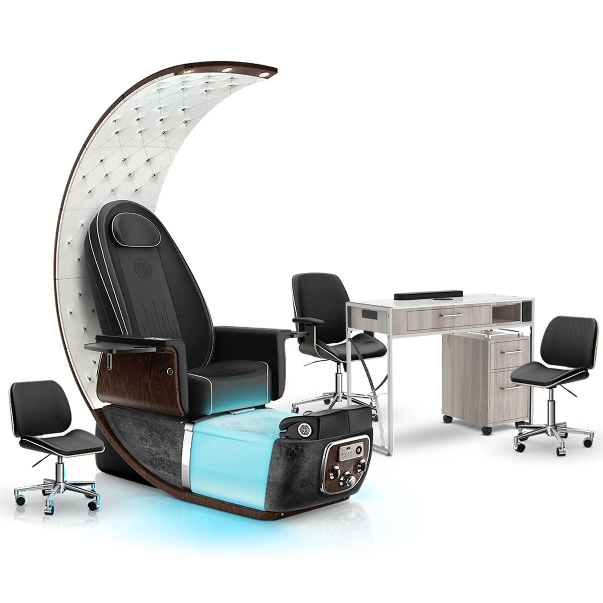 Noir-pr-Black Moonstone-Hazel Lexor PRIVÉ Lounge Pedicure Chair and Matching PRIVÉ Nail Table Set