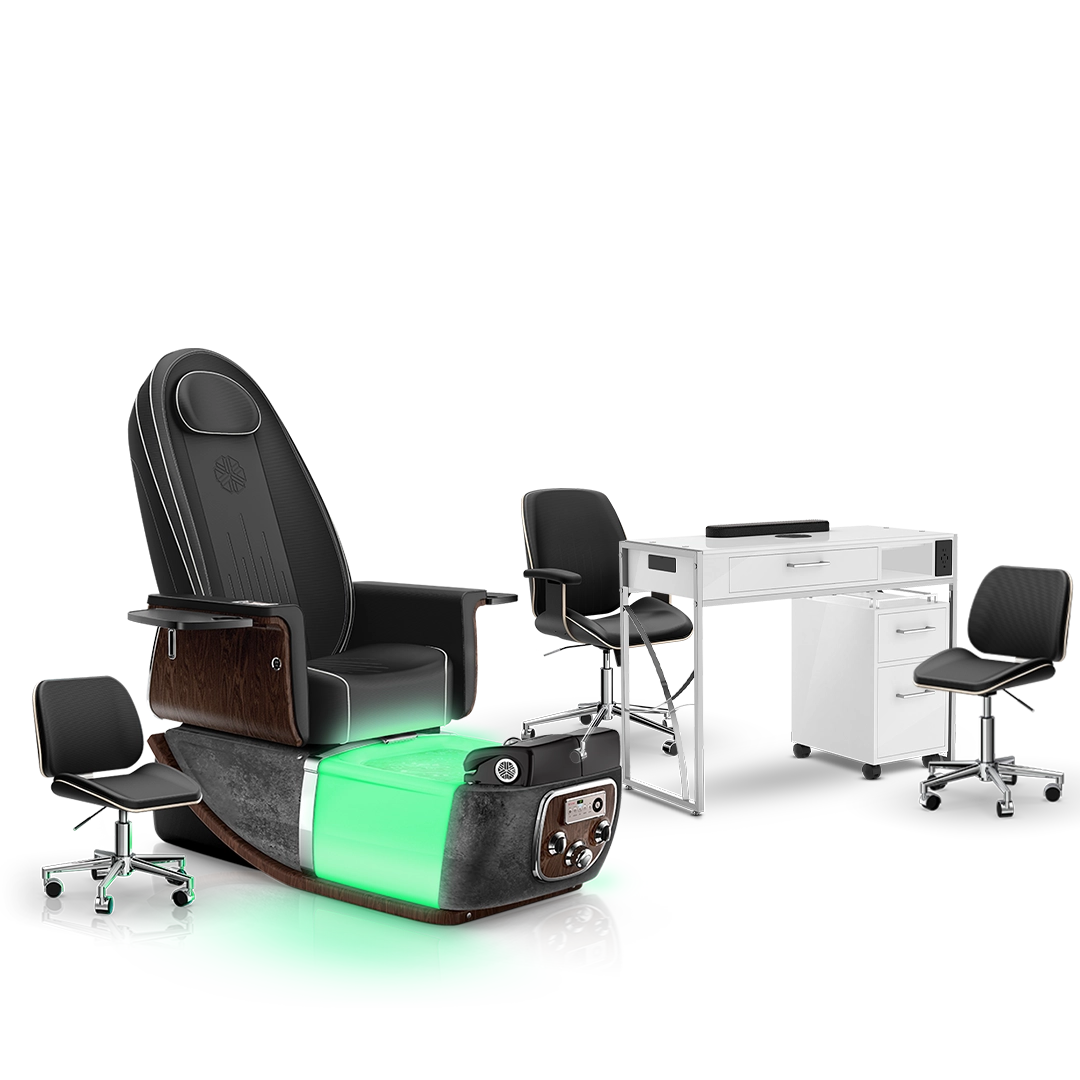 Noir-pr-Black Moonstone-White Lexor PRIVÉ ONE Pedicure Chair and Matching PRIVÉ Nail Table Set