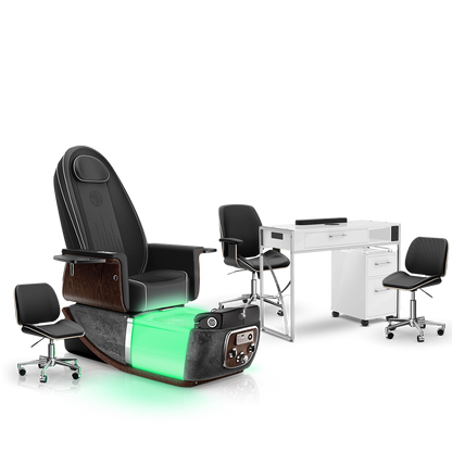 Noir-pr-Black Moonstone-White Lexor PRIVÉ ONE Pedicure Chair and Matching PRIVÉ Nail Table Set