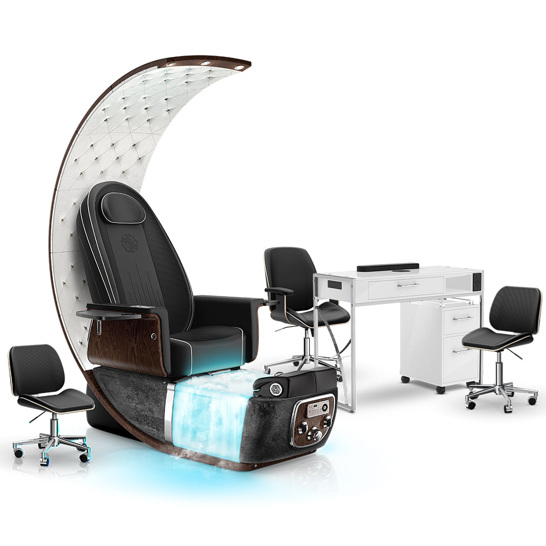 Noir-pr-Black Moonstone-White Lexor PRIVÉ Lounge Pedicure Chair  with Thera-Mist and Matching PRIVÉ Nail Table Set