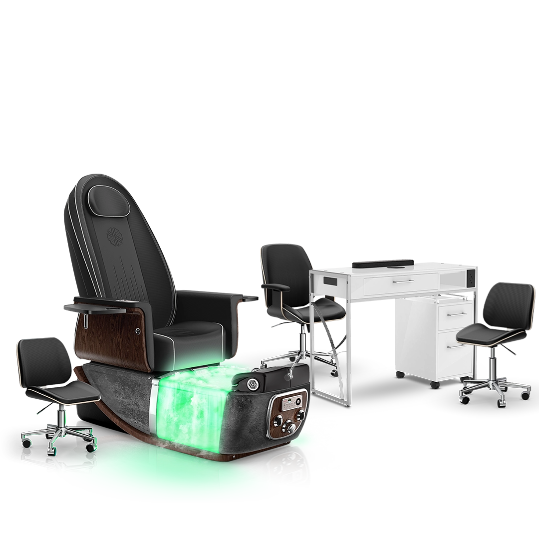 Noir-pr-Black Moonstone-White Lexor PRIVÉ ONE Pedicure Chair with Thera-Mist and Matching PRIVÉ Nail Table Set