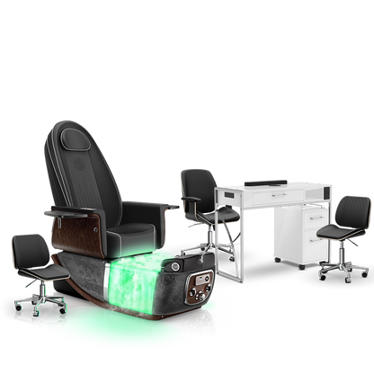 Noir-pr-Black Moonstone-White Lexor PRIVÉ ONE Pedicure Chair with Thera-Mist and Matching PRIVÉ Nail Table Set