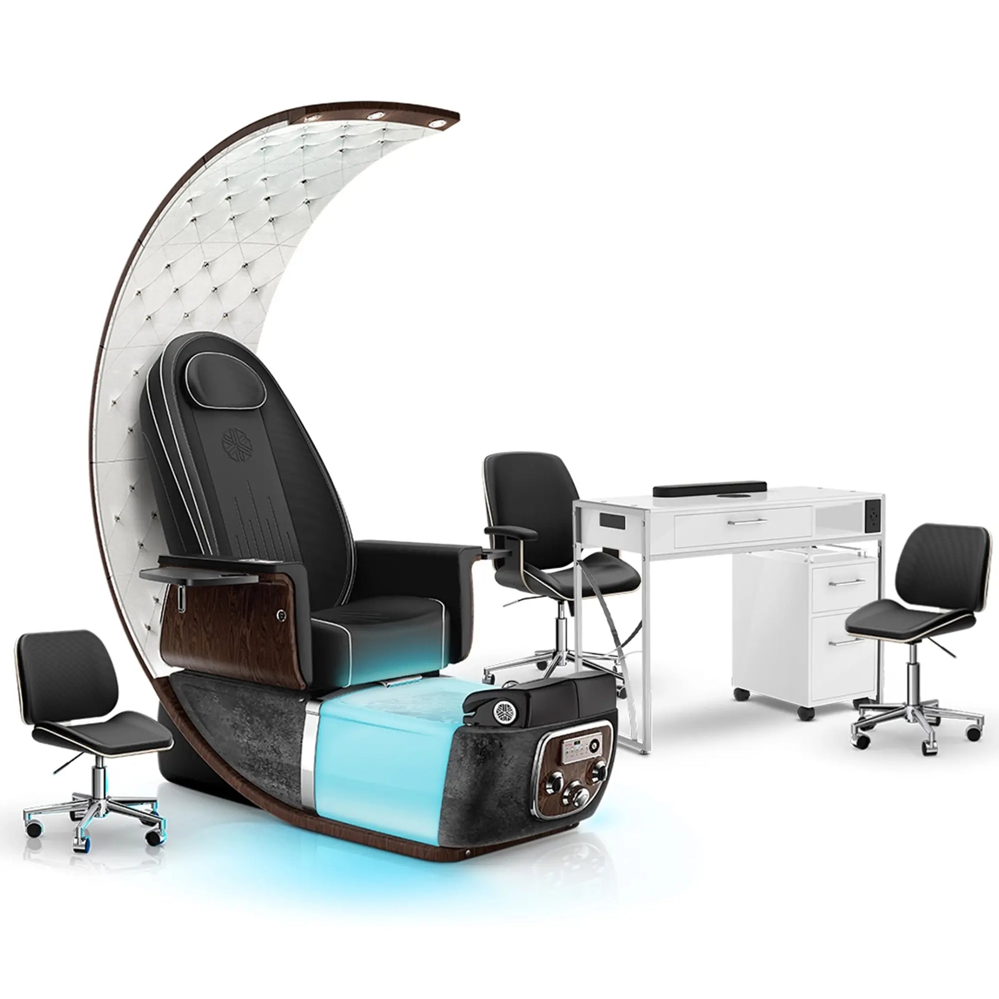 Noir-pr-Black Moonstone-White Lexor PRIVÉ Lounge Pedicure Chair and Matching PRIVÉ Nail Table Set