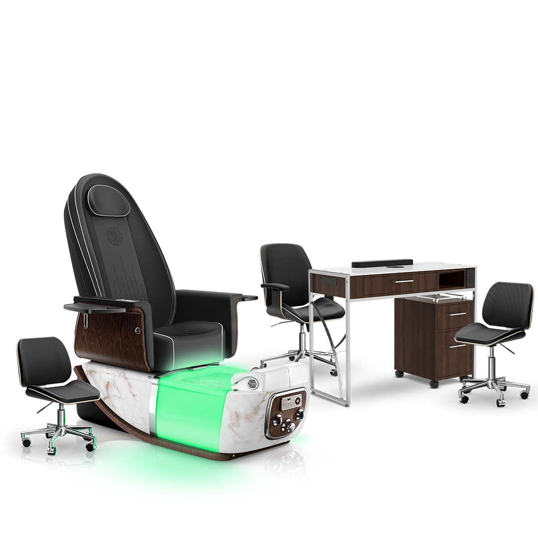 Noir-pr-White Moonstone-Dark Walnut Lexor PRIVÉ ONE Pedicure Chair and Matching PRIVÉ Nail Table Set