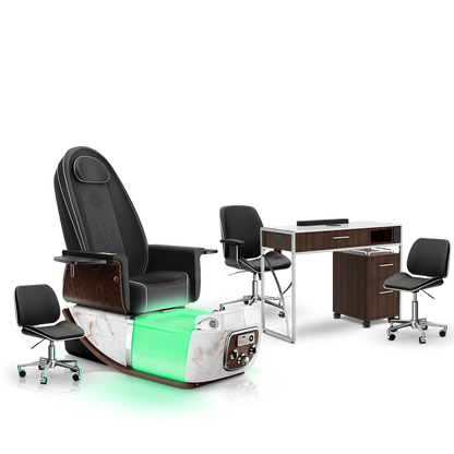 Noir-pr-White Moonstone-Dark Walnut Lexor PRIVÉ ONE Pedicure Chair and Matching PRIVÉ Nail Table Set