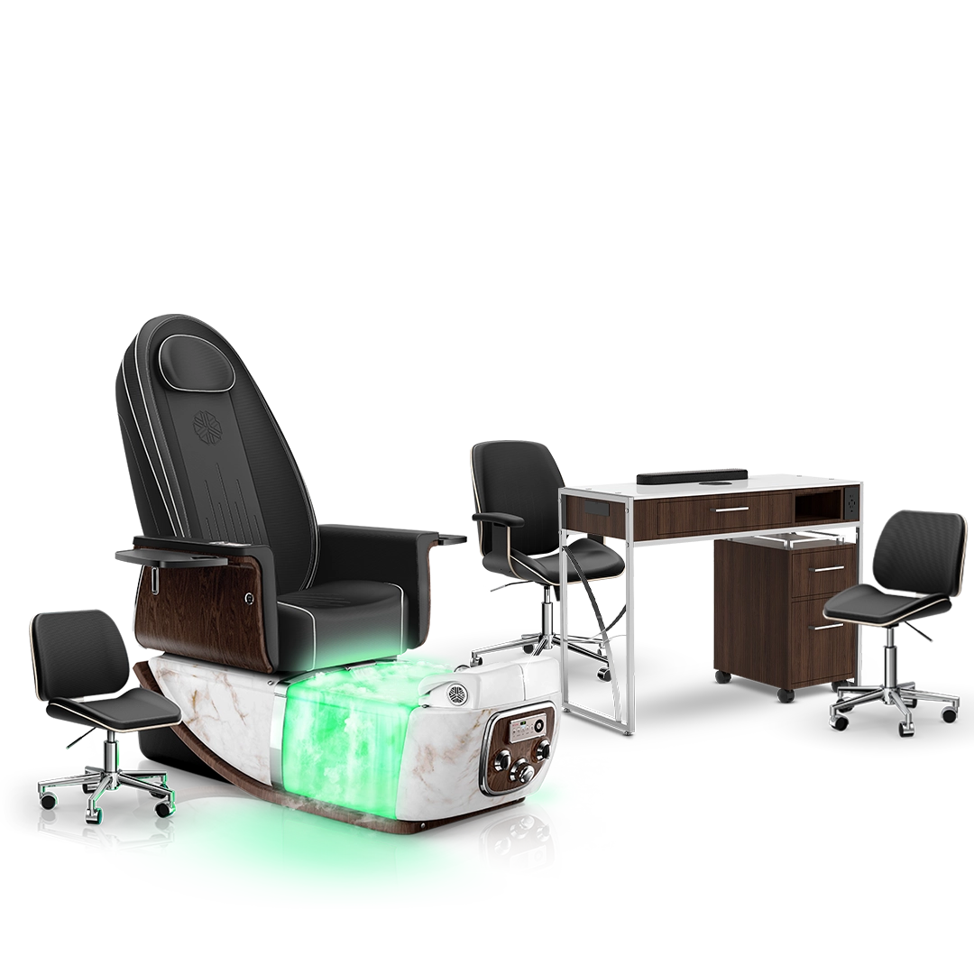 Noir-pr-White Moonstone-Dark Walnut Lexor PRIVÉ ONE Pedicure Chair with Thera-Mist and Matching PRIVÉ Nail Table Set