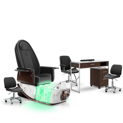 Noir-pr-White Moonstone-Dark Walnut Lexor PRIVÉ ONE Pedicure Chair with Thera-Mist and Matching PRIVÉ Nail Table Set
