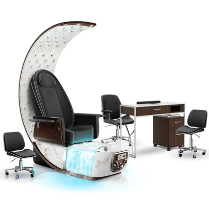 Noir-pr-White Moonstone-Dark Walnut Lexor PRIVÉ Lounge Pedicure Chair  with Thera-Mist and Matching PRIVÉ Nail Table Set