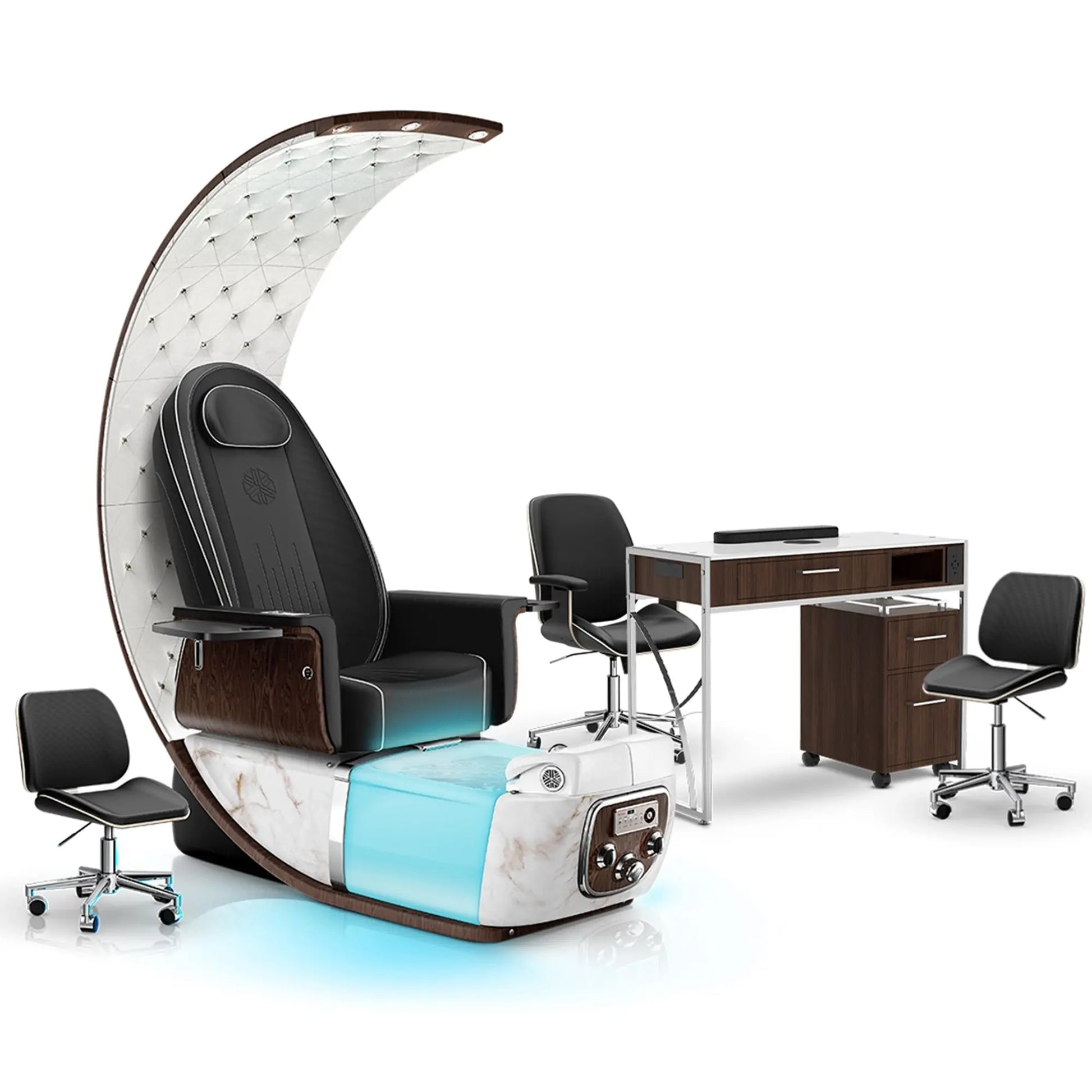 Noir-pr-White Moonstone-Dark Walnut Lexor PRIVÉ Lounge Pedicure Chair and Matching PRIVÉ Nail Table Set