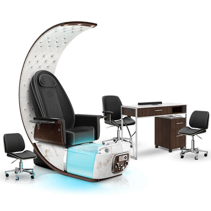 Noir-pr-White Moonstone-Dark Walnut Lexor PRIVÉ Lounge Pedicure Chair and Matching PRIVÉ Nail Table Set