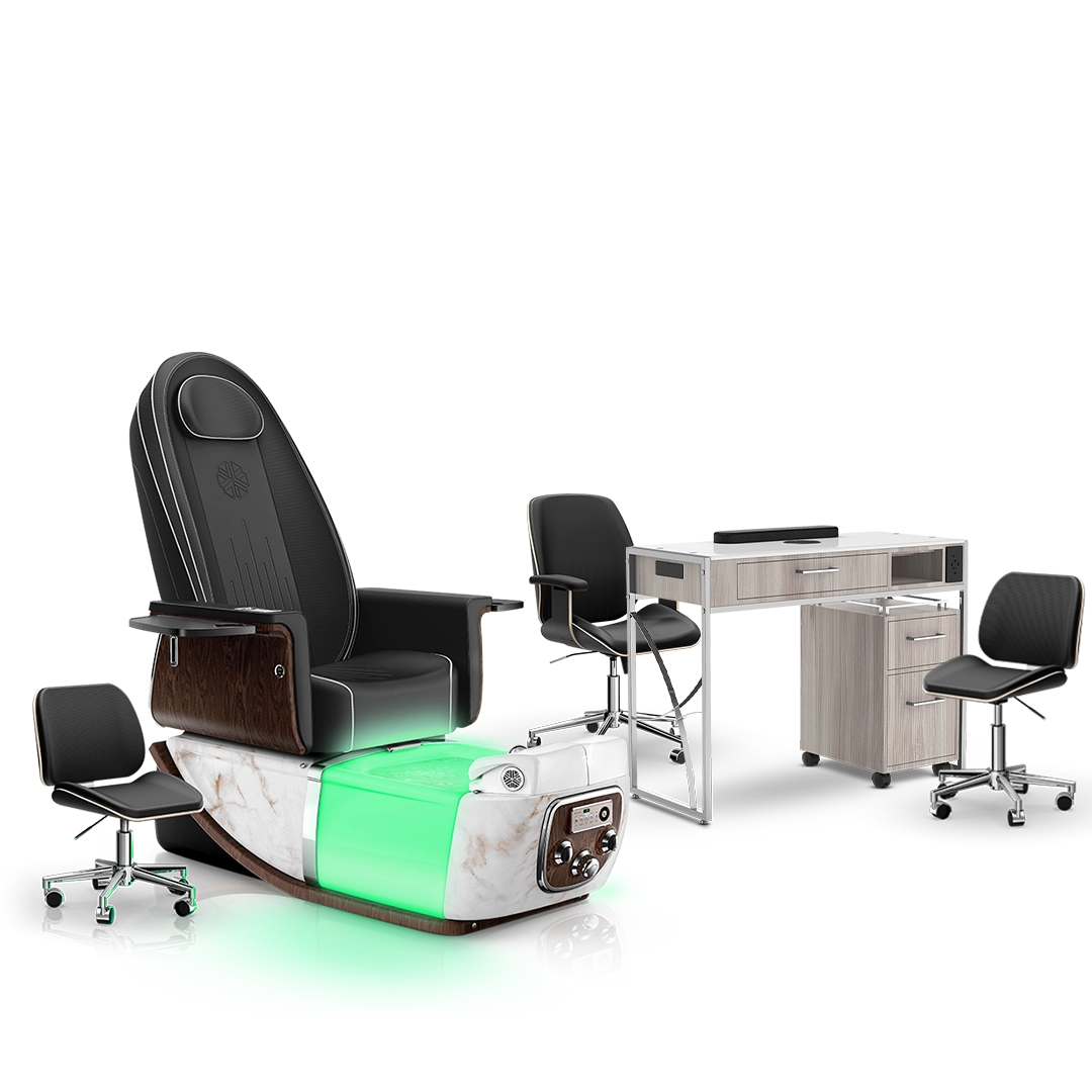 Noir-pr-White Moonstone-Hazel Lexor PRIVÉ ONE Pedicure Chair and Matching PRIVÉ Nail Table Set